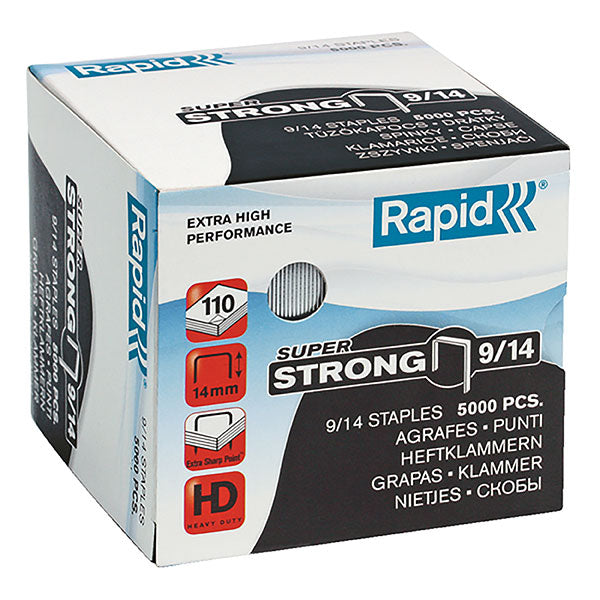 Rapid Staples 9/14mm Bx5000, heavy-duty staples designed for effortless penetration and secure binding of up to 110 sheets.