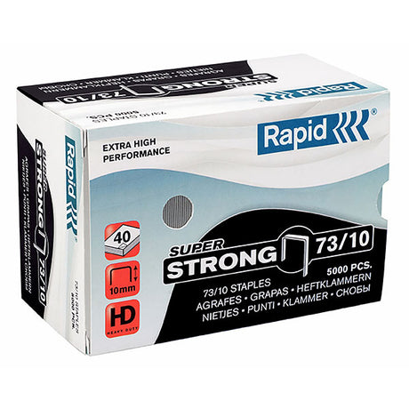 Rapid Staples 73/10mm Bx5000 package containing superstrong staples for heavy-duty stapling of up to 40 sheets.