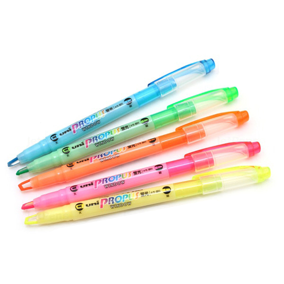 Uni Propus double-ended highlighter pack featuring 4.0mm and 0.6mm tips with a transparent window for precise highlighting.