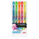 Uni Propus Double-Ended Highlighter 5 Pack featuring 4.0mm and 0.6mm tips with transparent windows for precise highlighting.