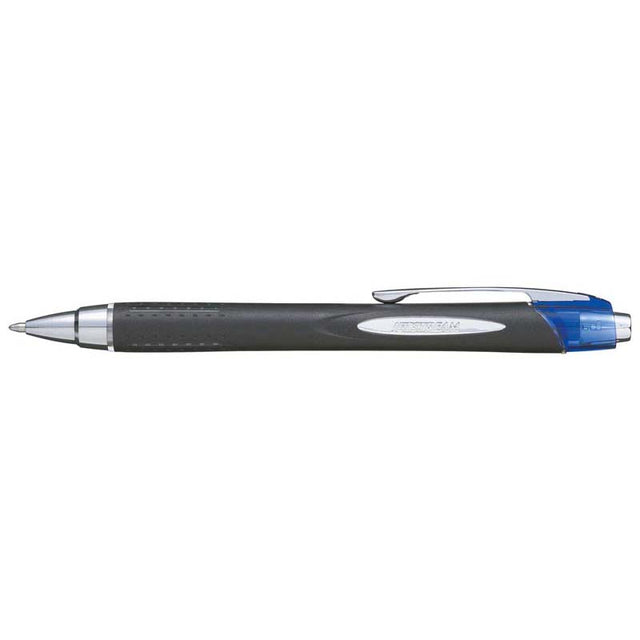 Uni Jetstream 1.0mm Retractable Blue Pen with rubberized grip, ideal for smooth writing and left-handed users.