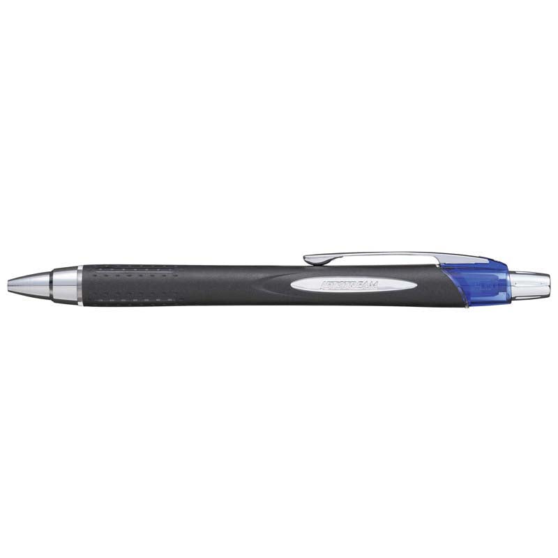 Uni Jetstream 1.0mm retractable blue pen with rubberized grip for comfort, ideal for smooth writing and left-handers.