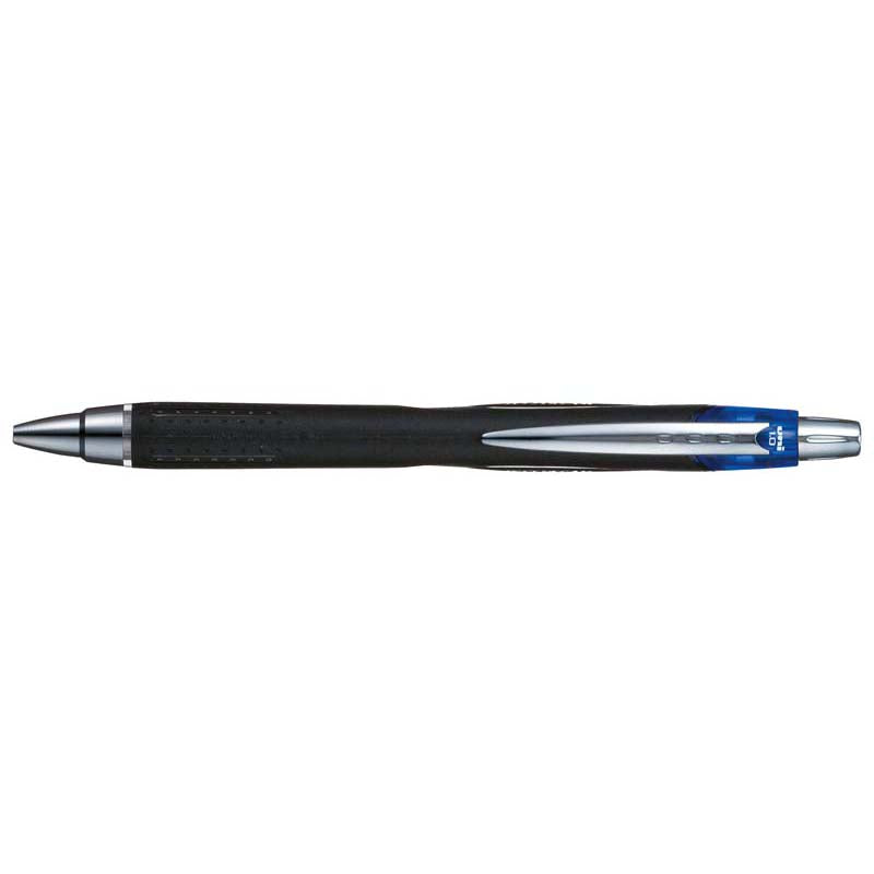 Uni Jetstream 1.0mm retractable pen in medium blue, featuring a comfortable rubberized barrel for easy grip, ideal for left-handers.