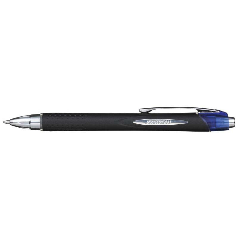 Uni Jetstream 1.0mm retractable pen in medium blue with rubber grip, perfect for smooth, precise writing and left-handed users.