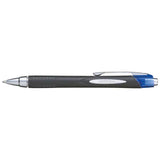 Uni Jetstream 1.0mm retractable blue pen with rubberized grip, ideal for smooth writing and left-handed users.