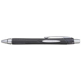 Uni Jetstream 1.0mm pen with rubberized barrel, smooth hybrid ink for bold, quick-drying writing in sleek black design.