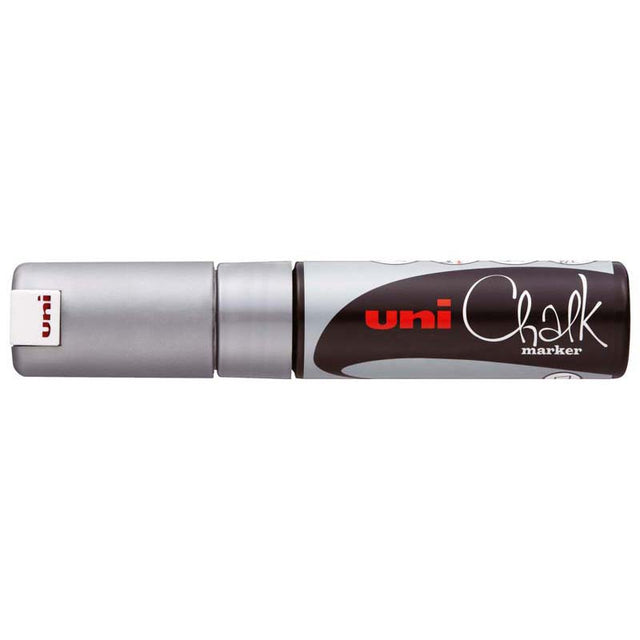 Silver Uni Chalk Marker with 8.0mm chisel tip, perfect for decorating non-porous surfaces like windows and metal.