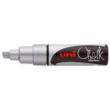 Uni Chalk Marker 8.0mm Chisel Tip in silver, perfect for decorating non-porous surfaces like windows and metal.