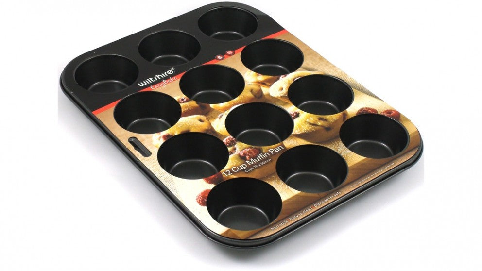 12-cup Wiltshire muffin pan made of non-stick, PFOA-free steel; dishwasher safe for easy cleanup.