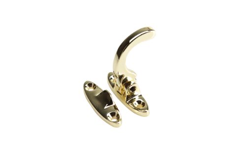 Alt text: Polished brass spur fastener spring catch designed for top hung awning windows, featuring corrosion-resistant solid brass.