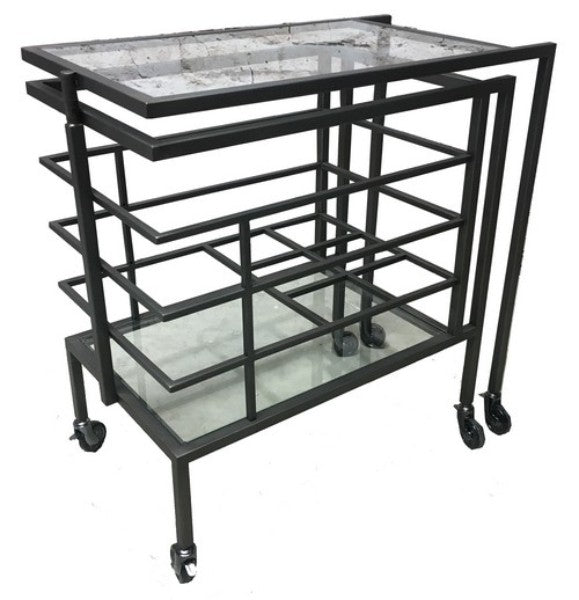 Stylish 86cm clear glass cocktail trolley with stainless steel frame and rotating shelf, perfect for entertaining.