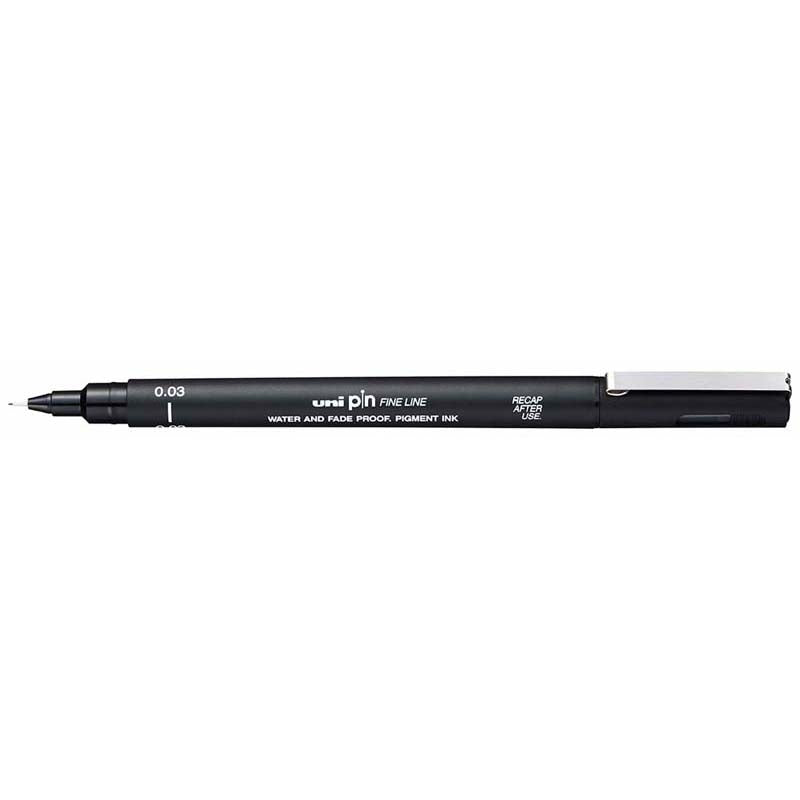 Uni Pin Fineline Permanent 0.03mm Black marker with ultra-fine tip for precise illustrations and waterproof, fade-proof ink.