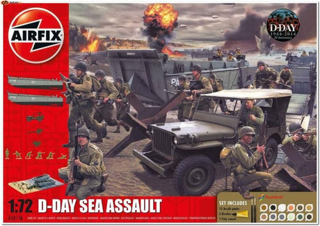 Airfix 1/72 D-Day Sea Assault Gift Set featuring assault landing craft and allied troops, perfect for model enthusiasts.