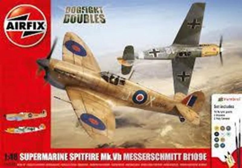 Model kit featuring Spitfire Mk.Vb and Messerschmitt Bf109E-7 from the Battle of Malta, complete with paints and brushes.