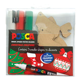 Uni Posca Marker PC-5M Christmas pack featuring three wooden ornaments and vibrant gold, silver, and bronze markers for creative decorating.