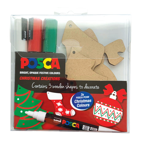 Uni Posca Marker PC-5M Christmas pack featuring three wooden ornaments and vibrant gold, silver, and bronze markers for creative decorating.