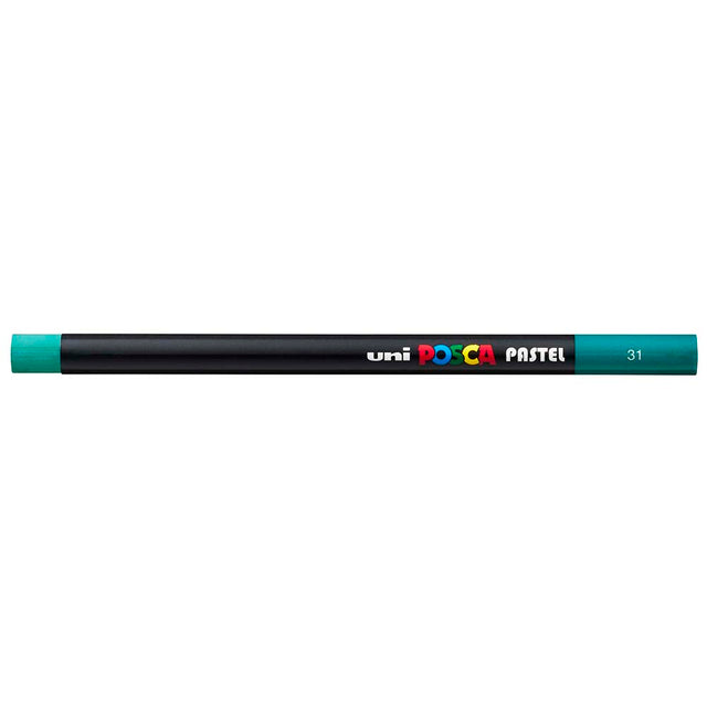 Uni Posca Pastel Emerald Green stick, vibrant color for versatile art on various surfaces with a smooth finish and minimal residue.