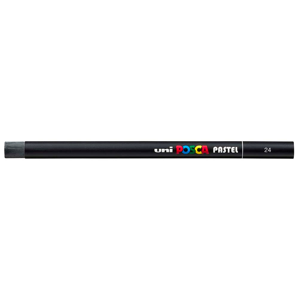 Uni Posca Pastel Black, a creamy pastel stick for vibrant artwork, blending on various surfaces with minimal residue.