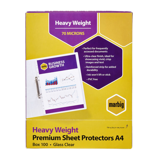 Heavy-duty A4 sheet protectors pack of 100, ultra-clear finish for vibrant document presentation, fits all standard binders.