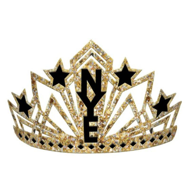 Elegant black and gold NYE glitter crown, perfect for festive celebrations and stylish party attire.