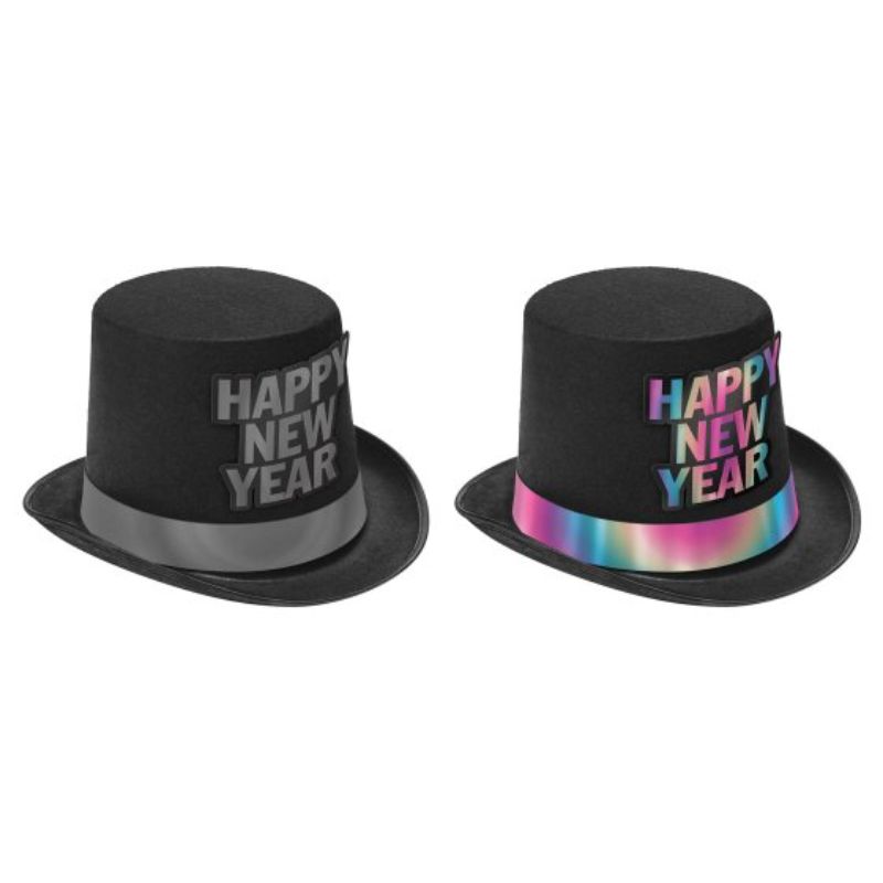 Happy New Year Reflective Top Hat with ribbon detail, made from high-quality felt, perfect for festive celebrations and photo ops.