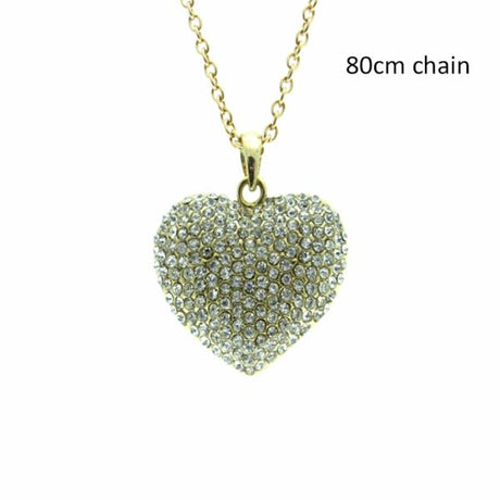 Large gold heart necklace featuring clear diamonds, 4.5cm diameter, 80cm chain, perfect for elegant everyday wear or special occasions.