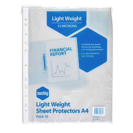 Marbig A4 sheet protectors pack of 10, lightweight, durable, low-glare finish, perfect for organizing and safeguarding documents.