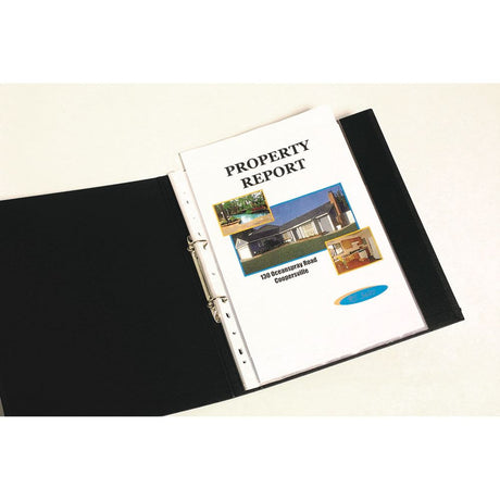 Lightweight A4 sheet protectors in a box of 100, resistant to cracking, perfect for organizing and safeguarding documents.