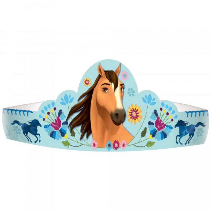 A pack of 8 colorful Spirit Riding Free tiaras for kids, perfect for themed parties and imaginative play.