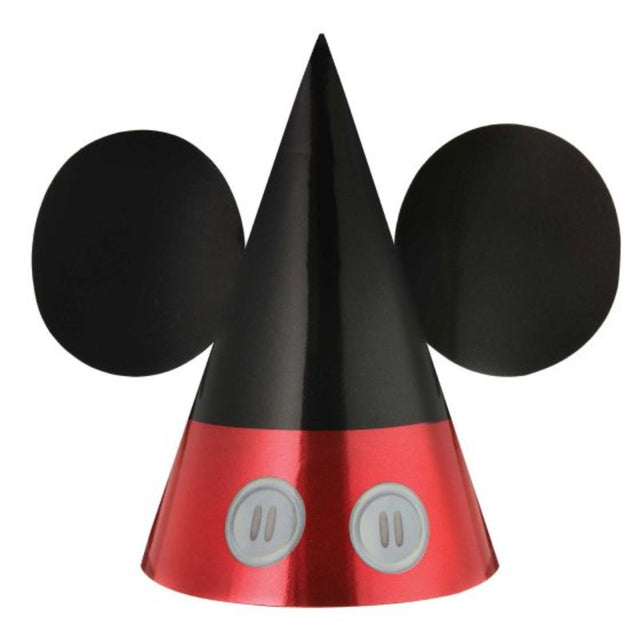 Colorful Mickey Mouse party cone hats, pack of 8, ideal for children’s birthdays and Disney-themed events.