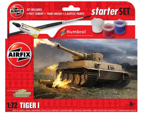 1/72 scale model kit of the iconic Tiger 1 tank, includes 39 pieces, paints, adhesive, and brush for easy assembly.