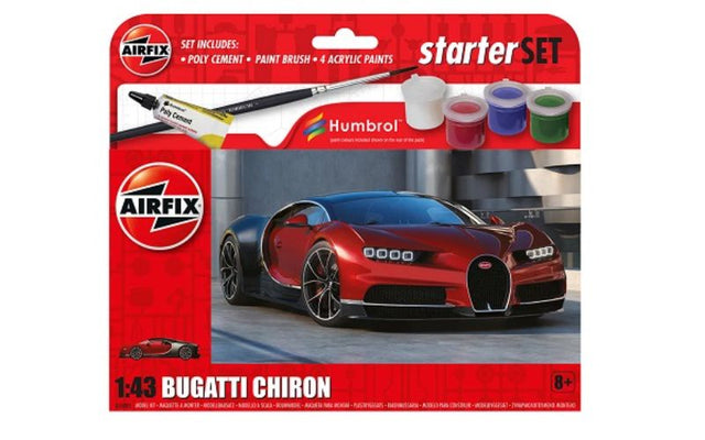 Detailed 1/43 scale model kit of Bugatti Chiron, includes 39 pieces for creative building and customization.