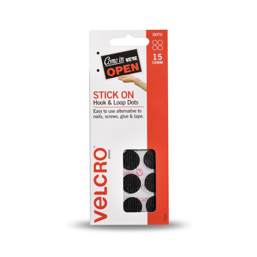 Velcro Stick On Hook & Loop Fasteners in black, featuring 15 pre-cut dots for easy organization and mounting on smooth surfaces.