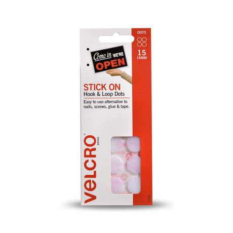 White VELCRO® Stick On Fasteners with 15 Dots for easy mounting and organization on smooth surfaces without nails.