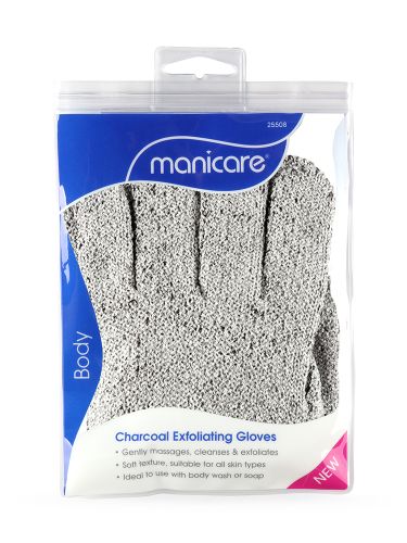 Manicare Charcoal Detox Exfoliating Gloves for gentle cleansing and exfoliation, infused with Bamboo Charcoal for radiant skin.