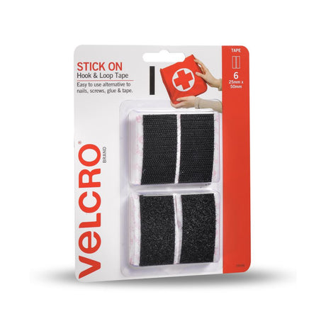 Adhesive black VELCRO® Brand strips for easy fastening, ideal for mounting and securing items on smooth surfaces.