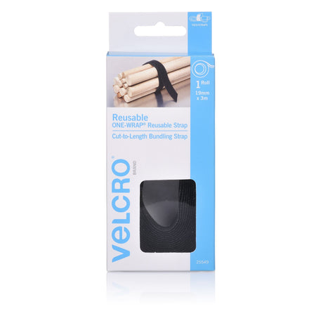 Black VELCRO® Brand Adjustable Wrap, 19mm x 3m, ideal for organizing cables and securing items with an adhesive side for durability.