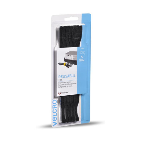 Black Velcro Brand Reusable Ties, 25mm x 200mm, ideal for bundling and organizing with strong interlocking fasteners.