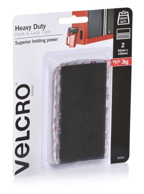 VELCRO® Stick On Tape in black, 50x100mm, ideal for organizing, decorating, and crafting on smooth surfaces.