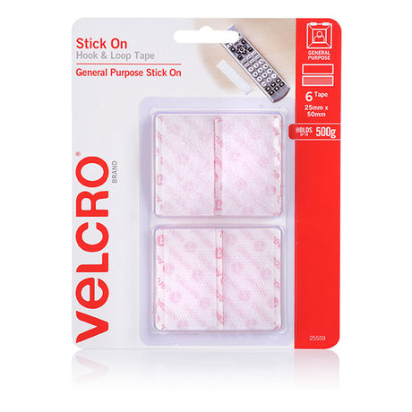 White Velcro stick-on squares 25x50mm, pack of 5, for hassle-free organization and secure attachment of items.