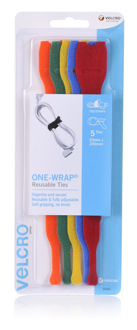 Colorful VELCRO® cable ties, 200mm, reusable and adjustable, perfect for organizing and managing cords in home or office.