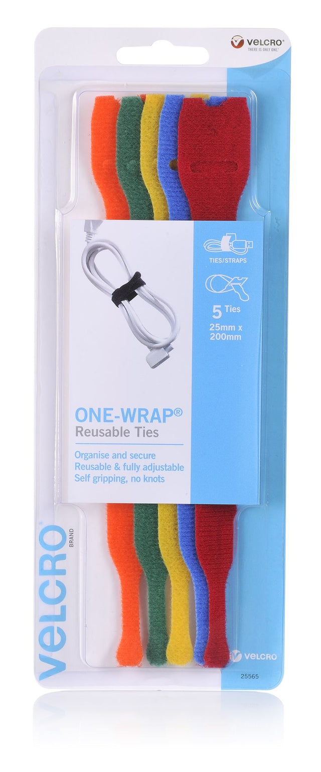 Colorful VELCRO® cable ties, 200mm, reusable and adjustable, perfect for organizing and managing cords in home or office.