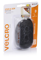 VELCRO® Stick'n'sew black tape, 25mm x 1m, ideal for easy fabric attachments on smooth surfaces without glue or pins.