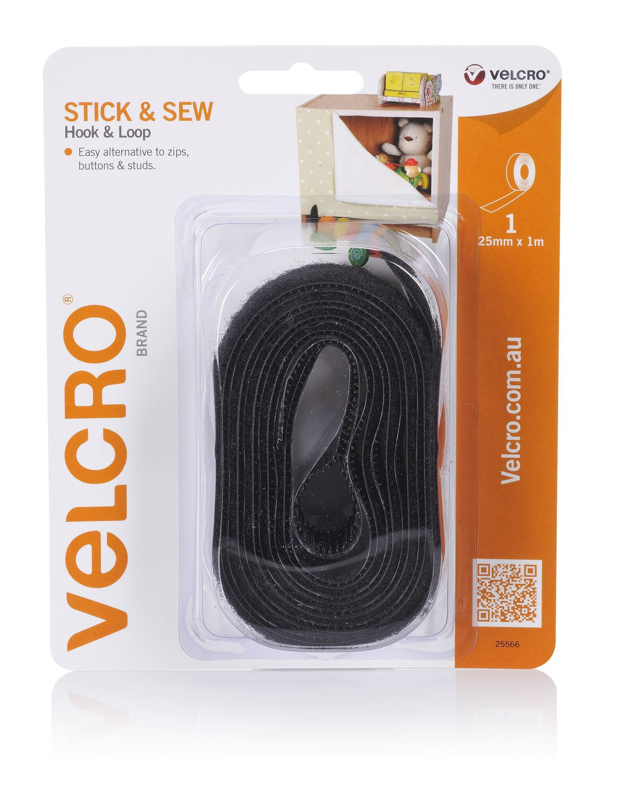 VELCRO® Stick'n'sew black hook and loop tape, 25mm x 1m, ideal for fabric attachment and DIY projects without nails or glue.