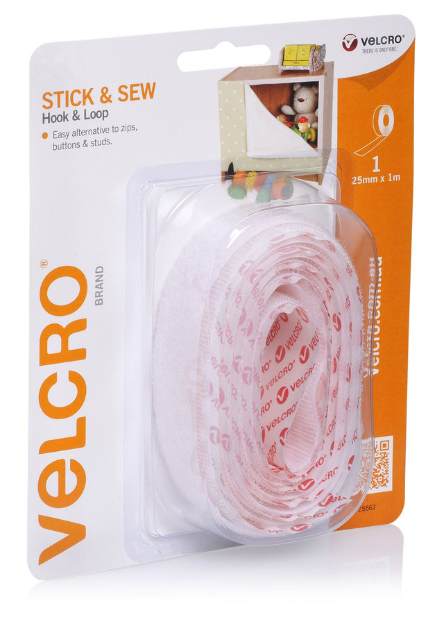 VELCRO® Stick'n'sew white tape (25mm x 1m) for easy attachment of fabrics to surfaces without nails or glue.