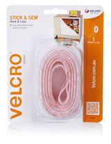 VELCRO® Stick'n'sew Hook & Loop tape in white, 25mm x 1m, ideal for easy fabric attachment without tools.