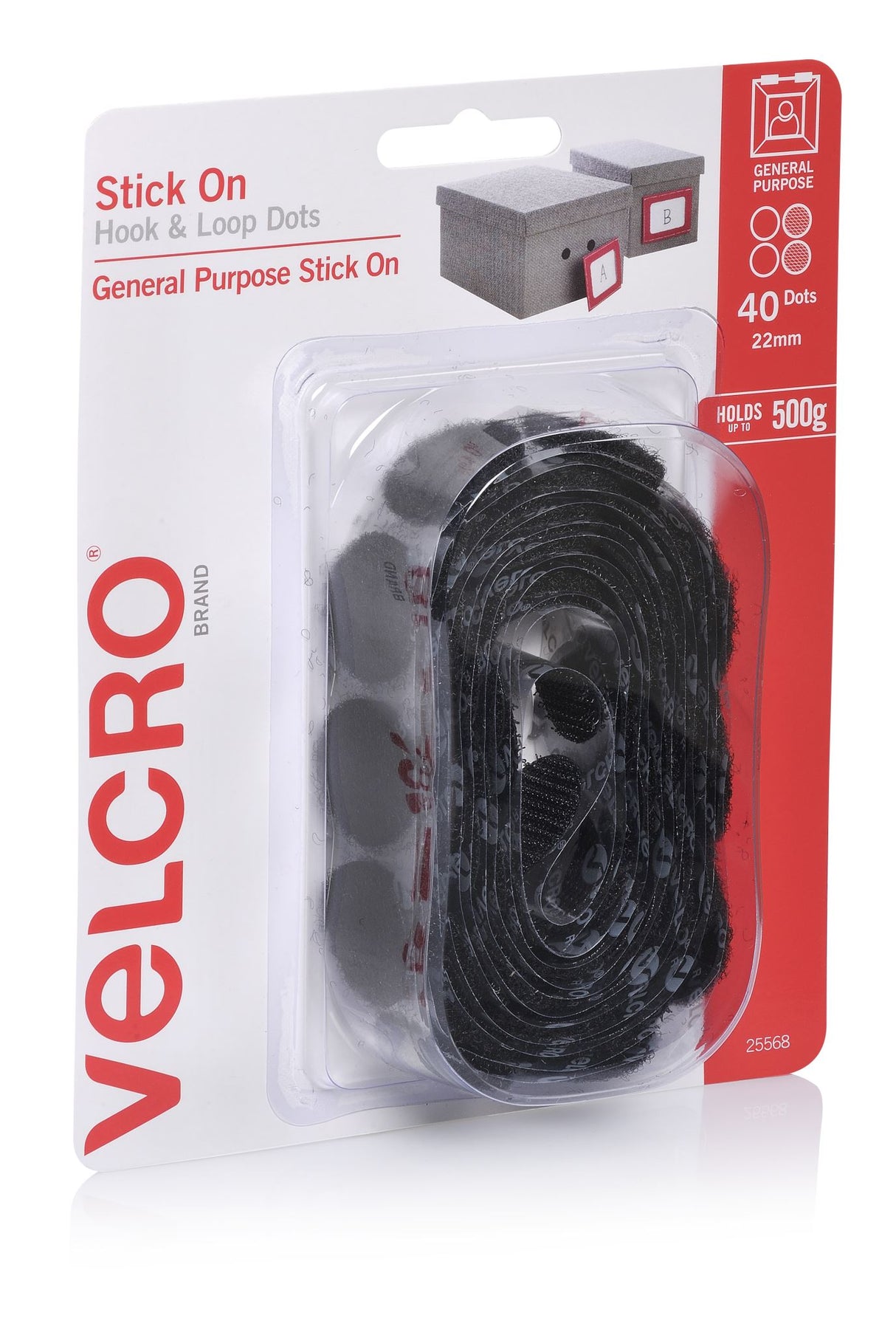 Pack of 40 black VELCRO® Handy Dots, 22mm each, perfect for crafting, organizing, and securely hanging lightweight items.