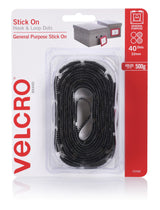 VELCRO® Handy Dots in black, 22mm, pack of 40; ideal adhesive solution for crafting and organizing without damage.