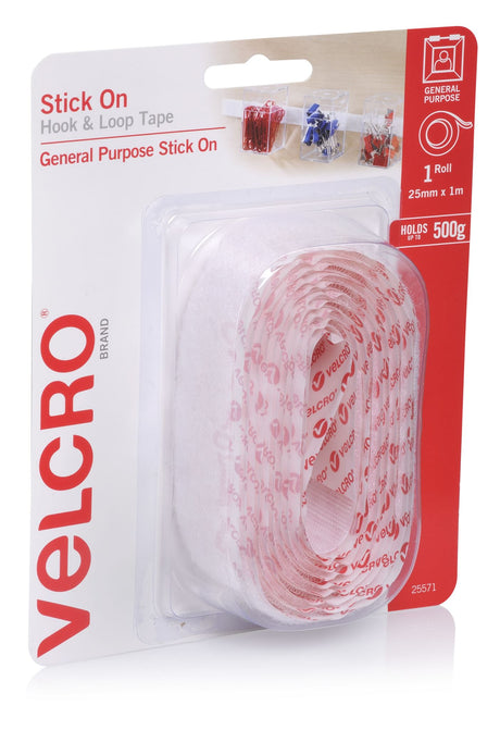 VELCRO® Sticky Back Tape in white, 1m roll, ideal for easy attachment of lightweight items on smooth surfaces.