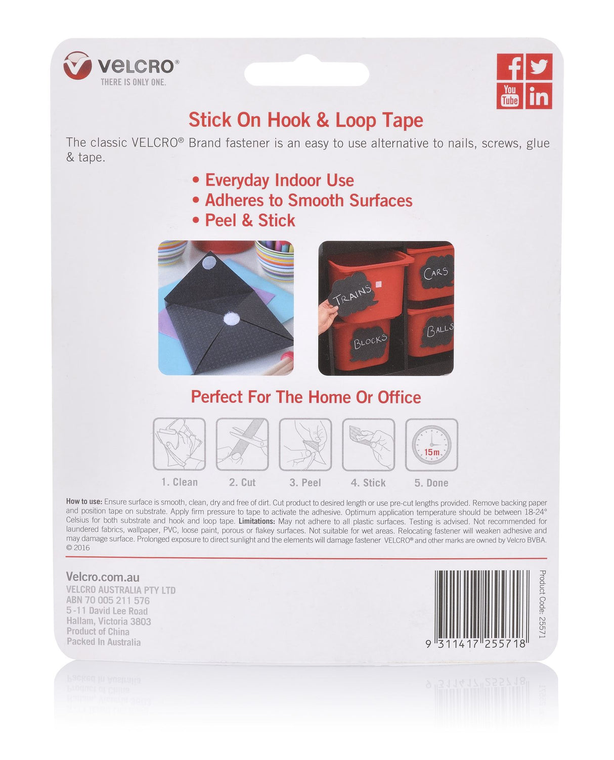 Versatile white VELCRO® Sticky Back Tape in 1m roll, ideal for crafting, organizing, and securely attaching lightweight items indoors.